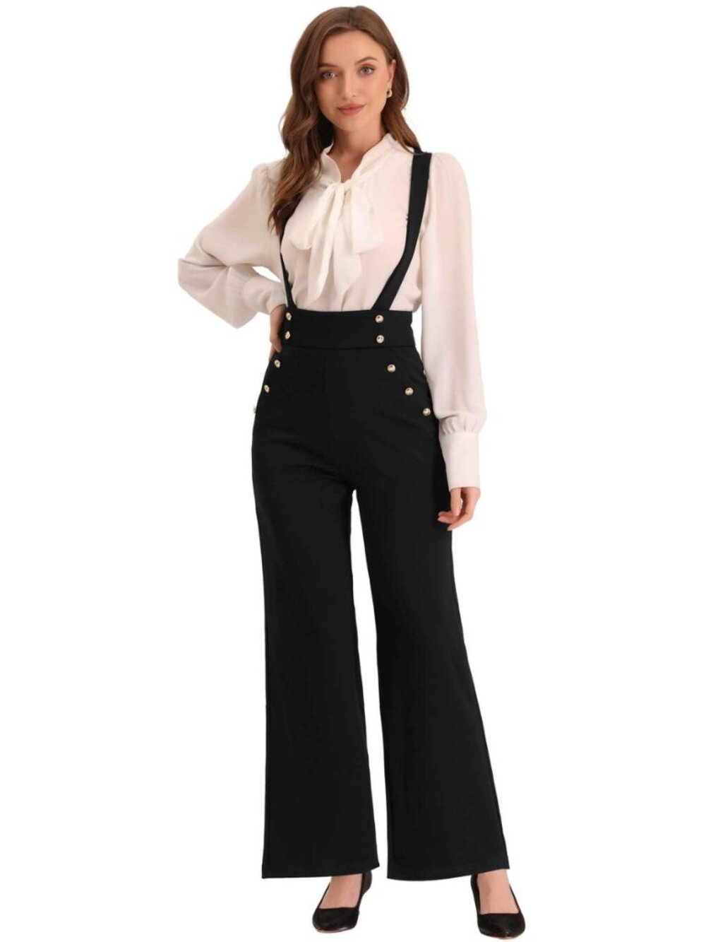 Casual Office Jumpsuits for Women's Adjustable Straps Wide Leg Suspenders Pants